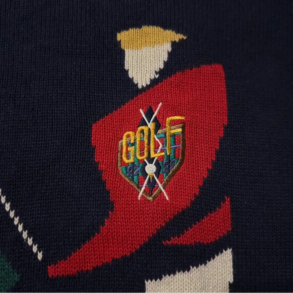 Vtg Grandpa Knit Sweater Large Multi Crewneck Golf Swing Scene 90s Par Four